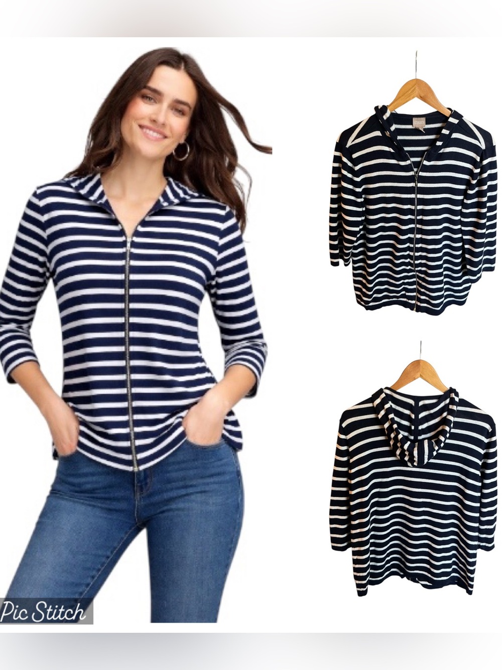 Chico’s Navy Blue Stripe Zip Up Cardigan